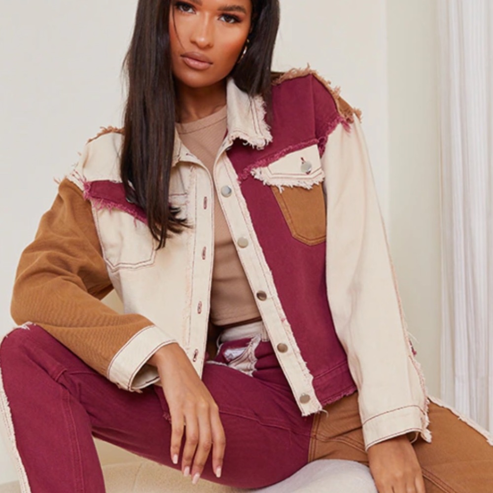 Tan Frayed Patchwork Denim Jacket